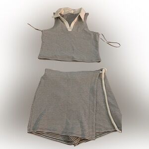 2 pc set Striped Knit Wrap Skort - Gray & White